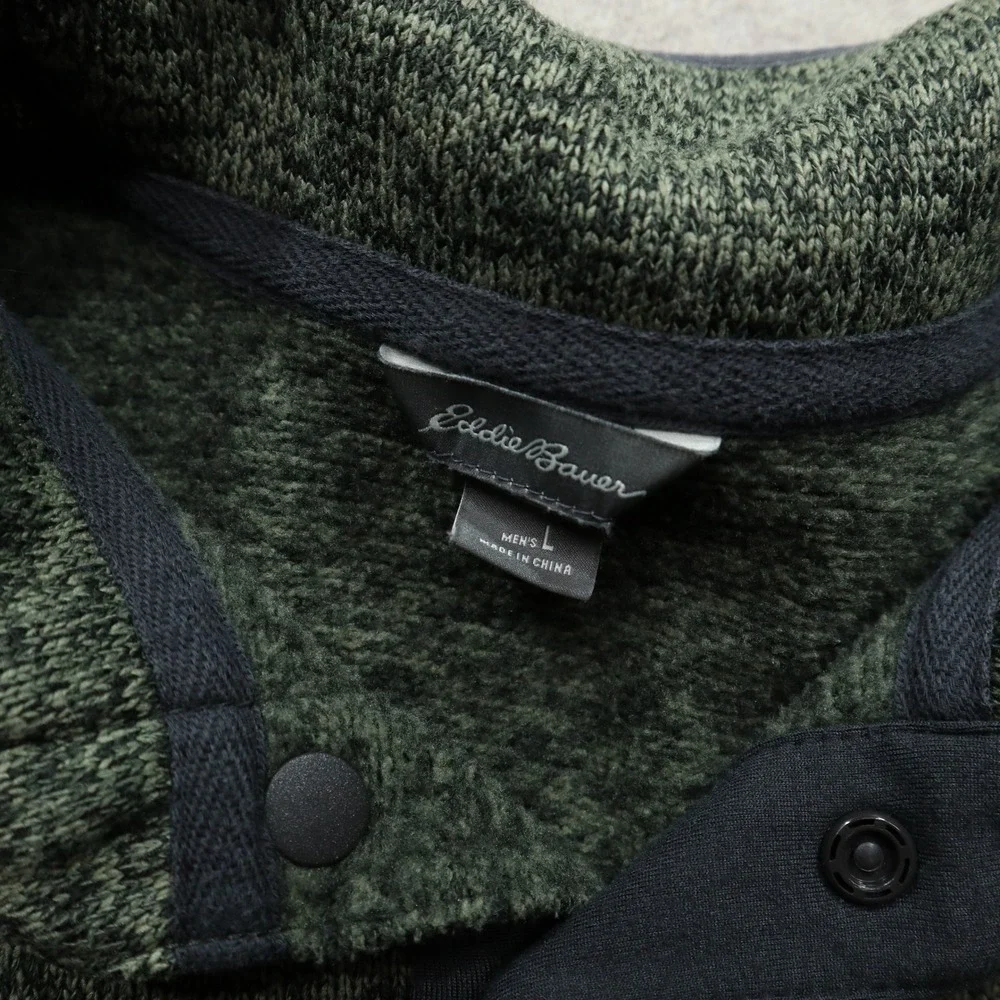 Eddie Bauer Fleece Pullover Large Green Marl Snap Mock Neck Modern Warm Sweater